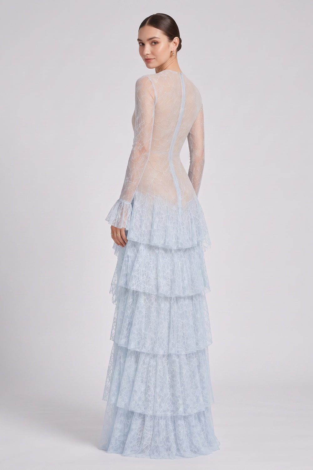 Light Blue Floral Lace Tiered A-Line Gown light blue floral lace gown - product view 5