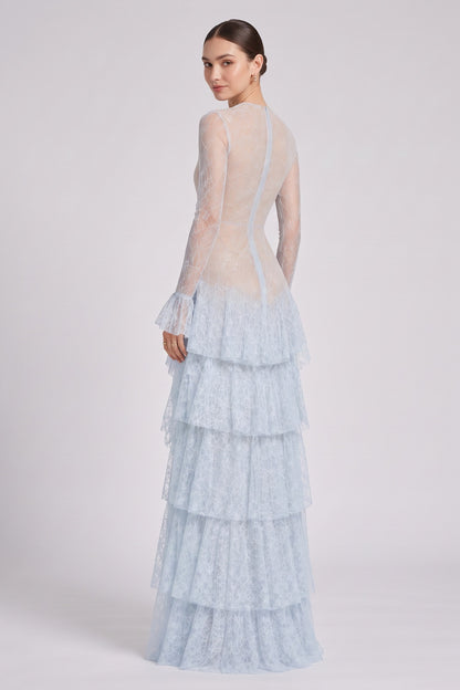 Light Blue Floral Lace Tiered A-Line Gown light blue floral lace gown - product view 5