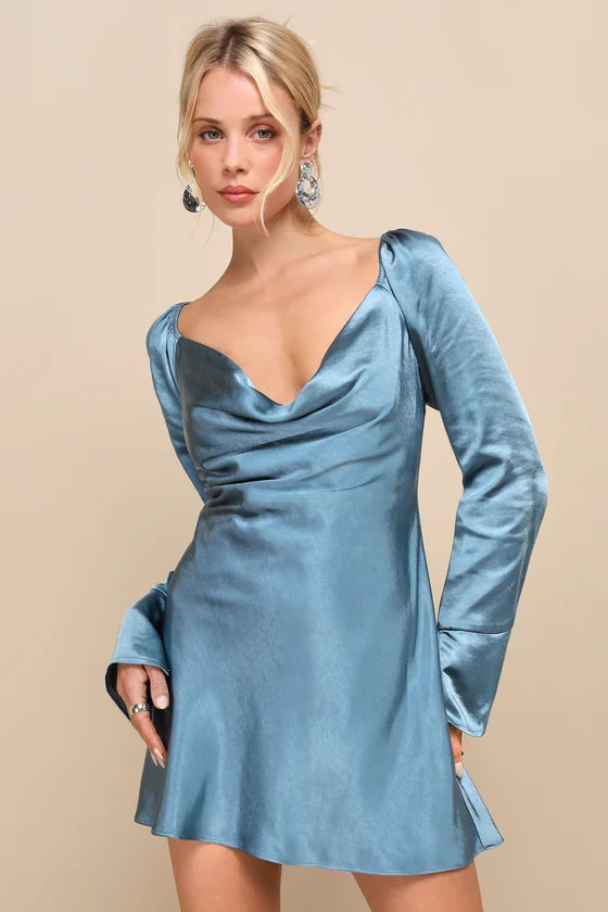 Sensational Fate Slate Blue Satin Cowl Neck Mini Dress