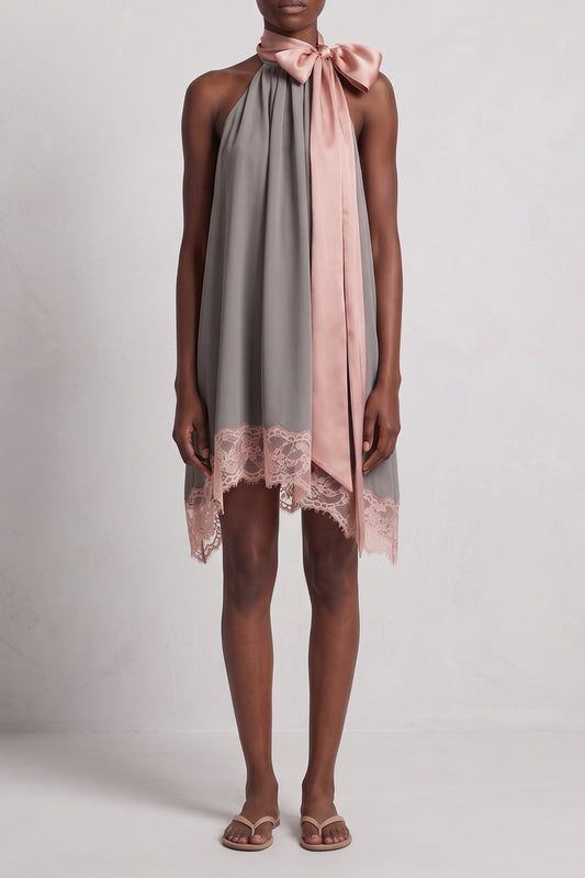 Halter Satin Big Bow Lace Hem Shift Mini Dress