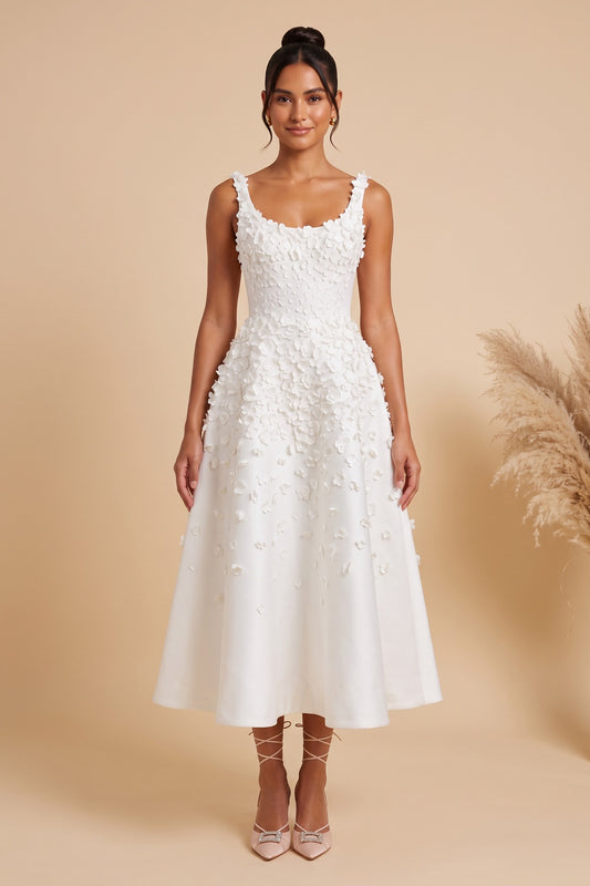 White Satin A-Line Midi Dress with 3D Floral Appliqués white satin dress - product view 1