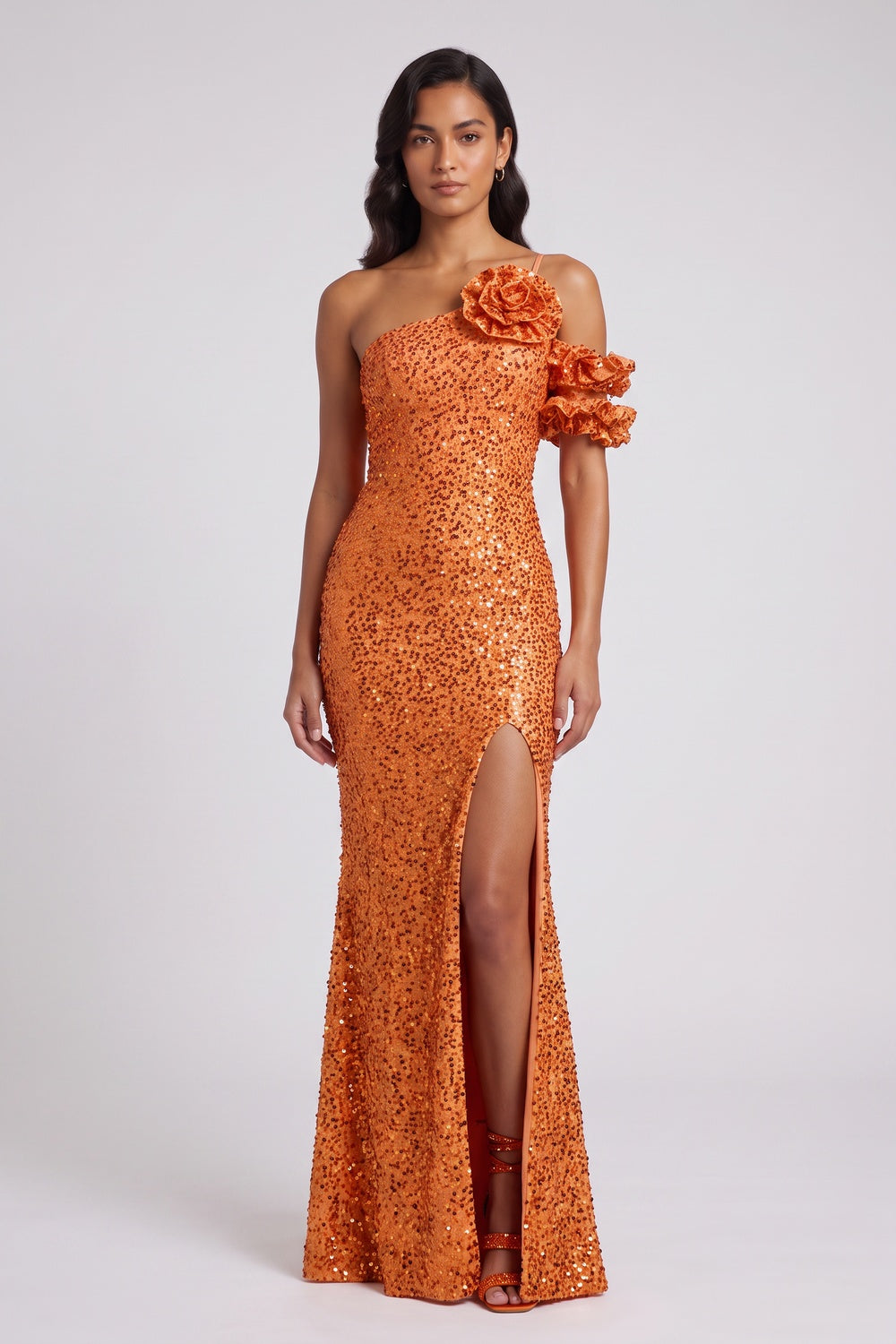 Orange Sequin One-Shoulder Floor-Length Gown Premium Fabric - product view 2