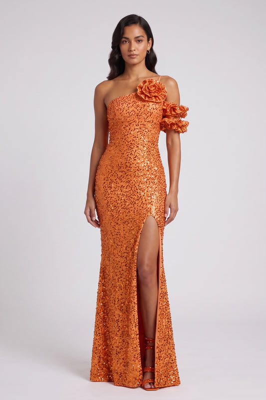 Orange Sequin One-Shoulder Floor-Length Gown Premium Fabric - product view 2