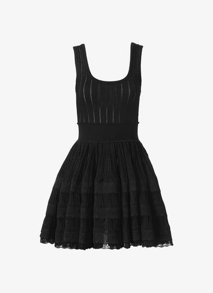 ribbed pointelle knit mini dress in black