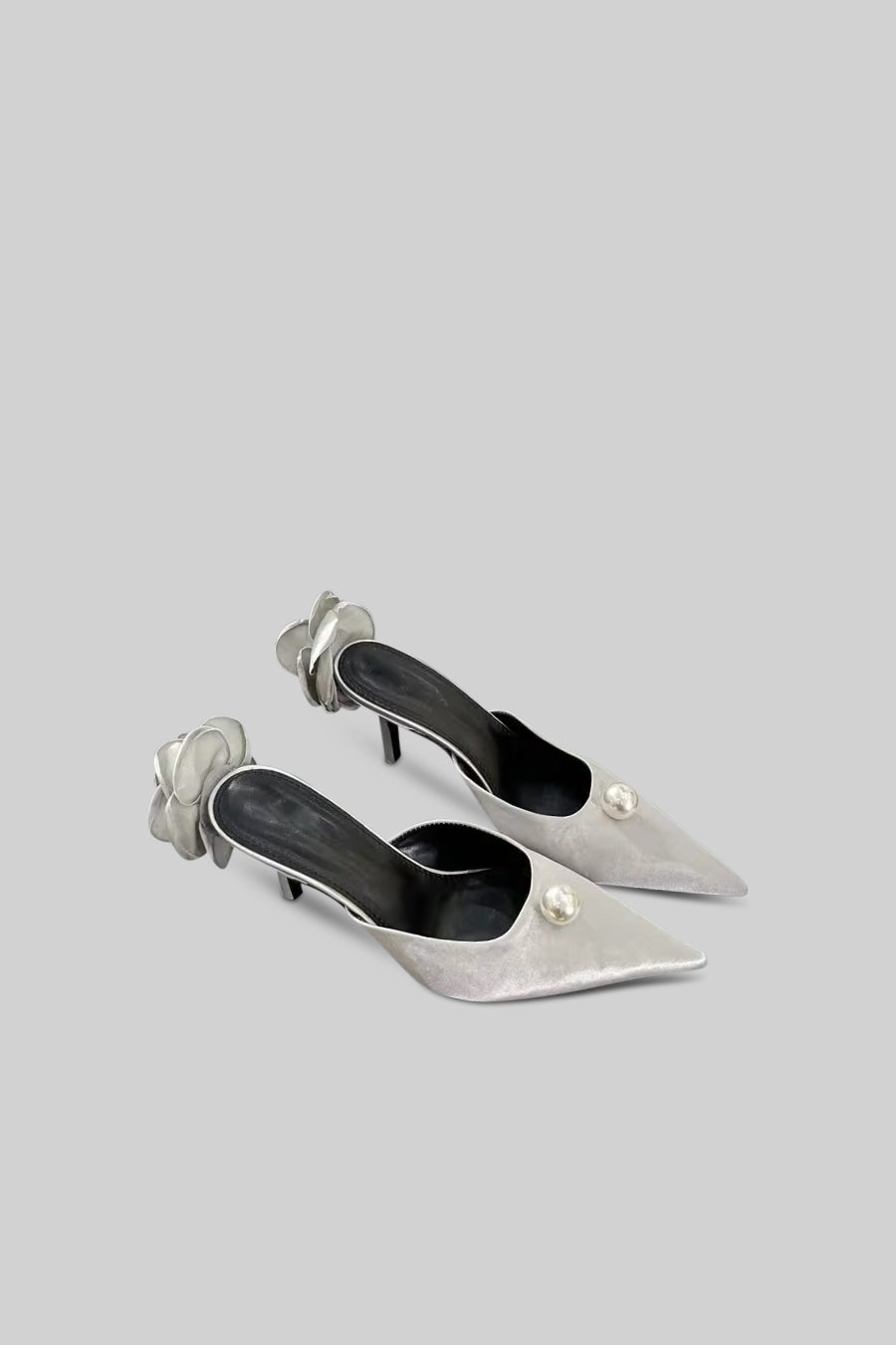 Sierra Darien Silver Satin Sandals with Pearl and Floral Heel Detail