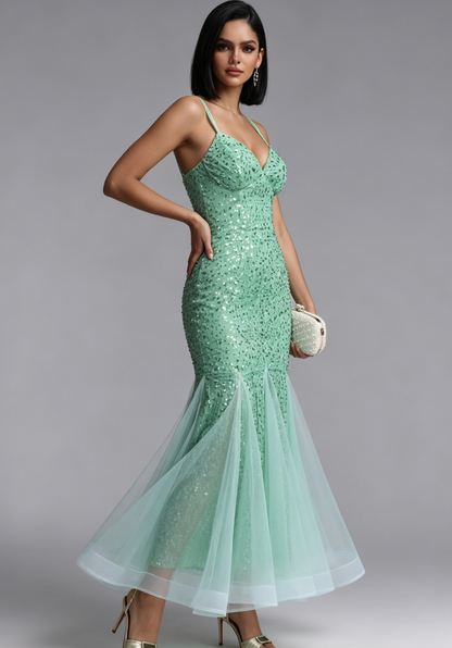 Mint Green Sequin Mermaid Maxi Dress with Tulle Overlay