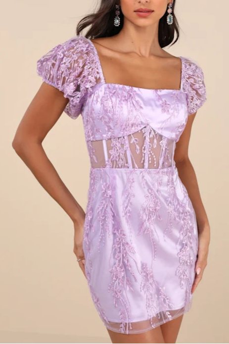 Seriously Cute Lavender Embroidered Mesh Puff Sleeve Mini Dress