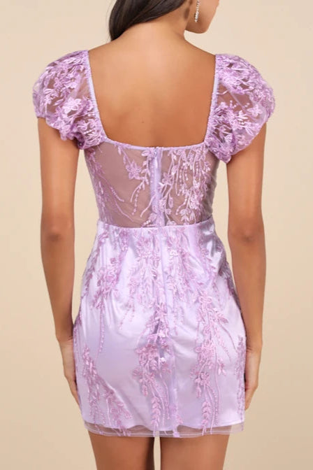 Seriously Cute Lavender Embroidered Mesh Puff Sleeve Mini Dress