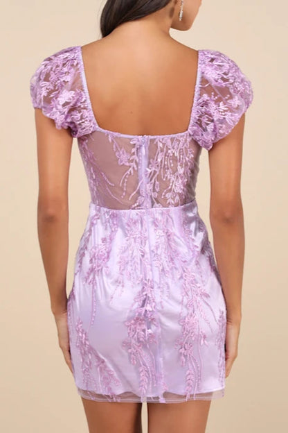Seriously Cute Lavender Embroidered Mesh Puff Sleeve Mini Dress