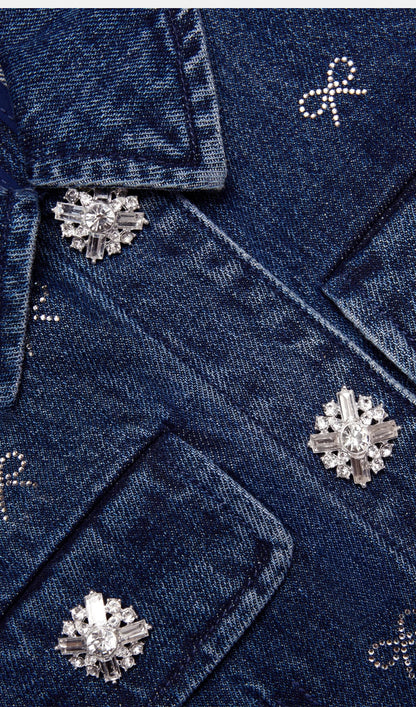 Denim Diamante Bow Collared Mini Dress