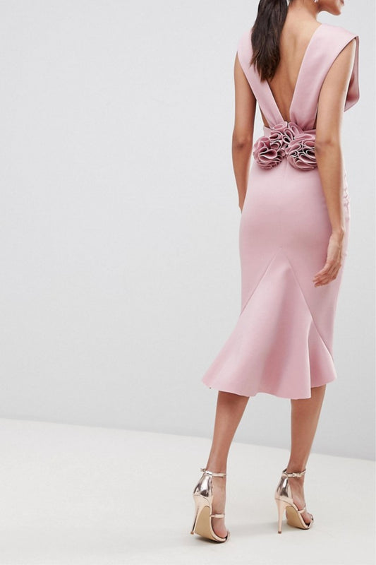 Deep Plunge Corsage Back Pephem Midi Bodycon Dress