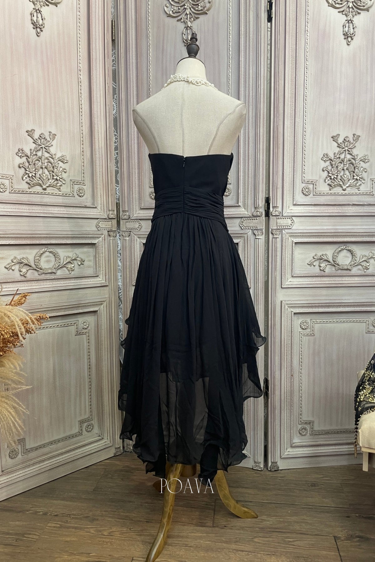 Chiffon Embellished Strapless Midi Dress In Black