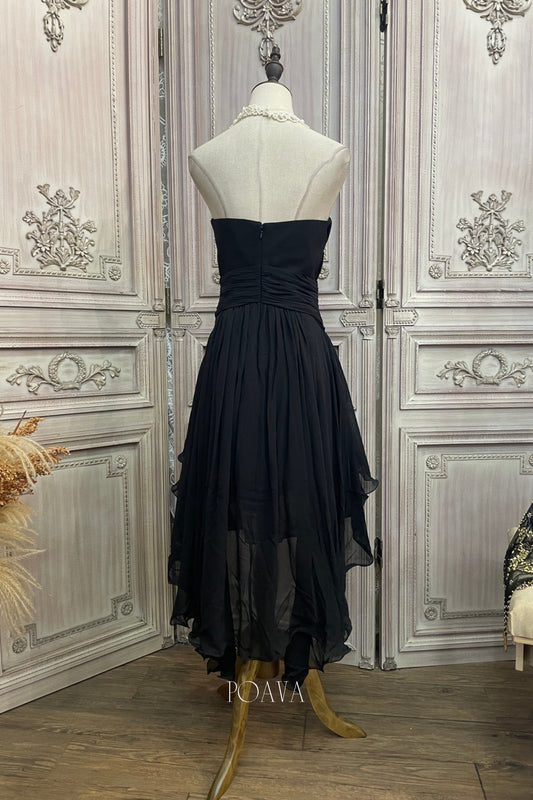 Chiffon Embellished Strapless Midi Dress In Black