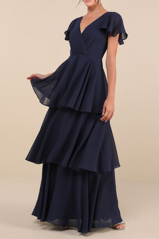 Navy Blue Short Sleeve Tiered Maxi Dress