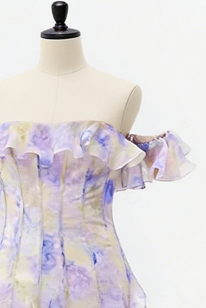 helen Floral Frill Off-Shoulder Maxi Dress in blue