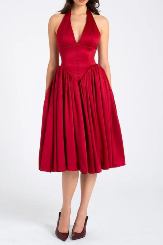Halter backless midi dress in red