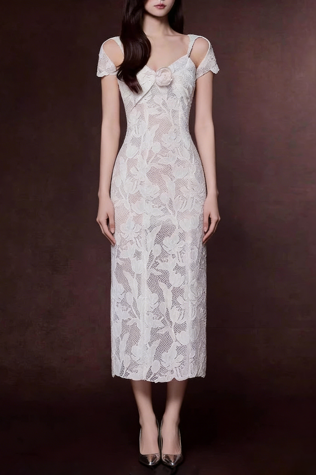 White Floral Lace Cold-Shoulder Midi Dress with 3D Rose