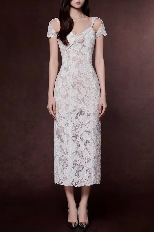 White Floral Lace Cold-Shoulder Midi Dress with 3D Rose
