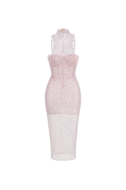 Sheer embellished sequin maxi dress in pink