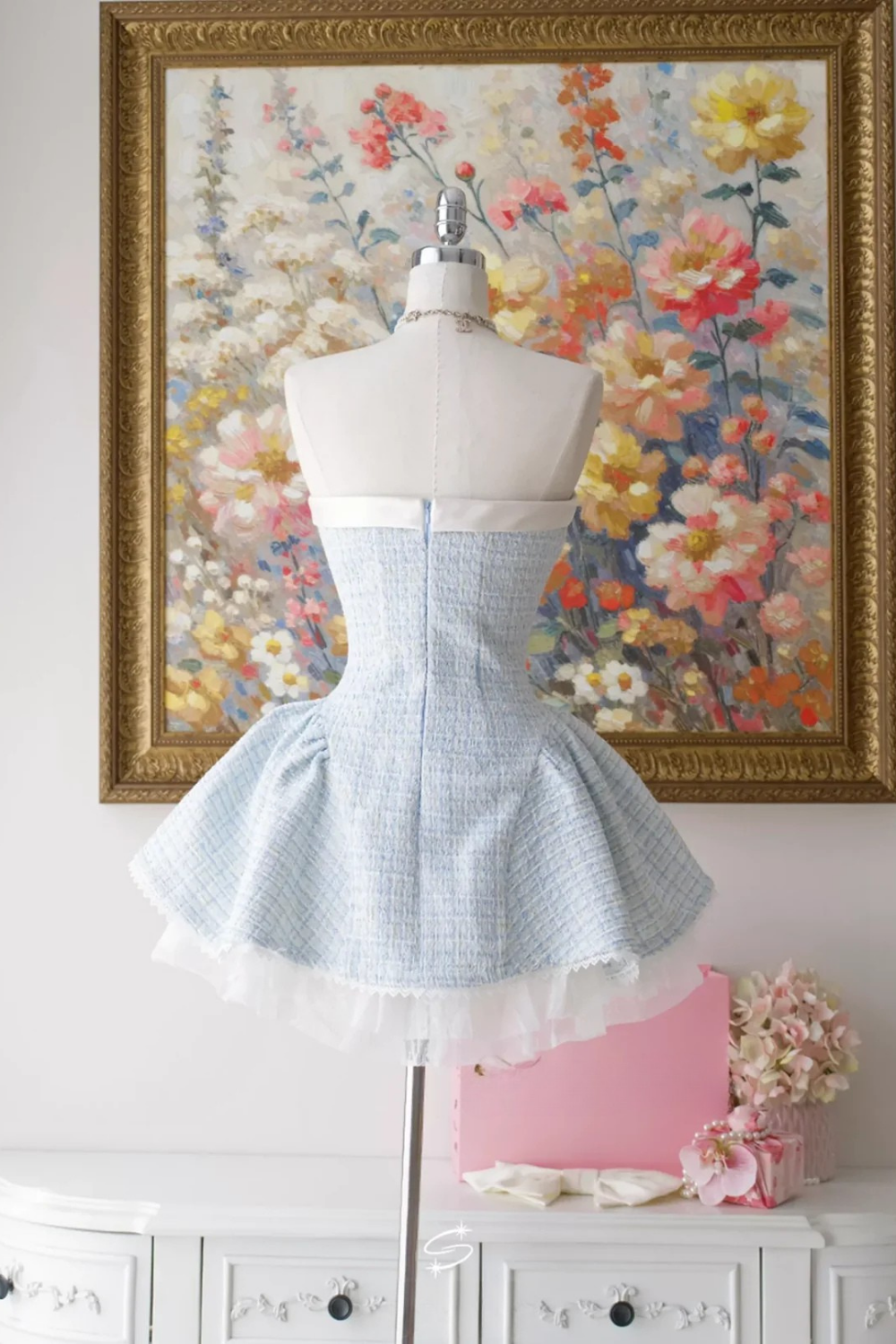 TWEED BOW MINI DRESS IN BLUE