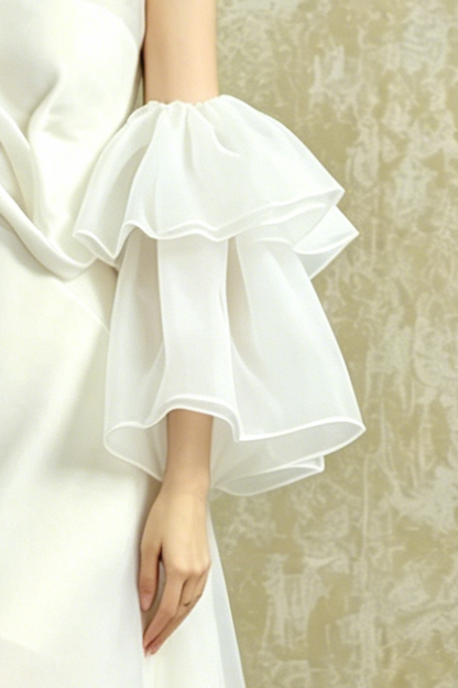 Strapless Layered Organza Midi Dress In White With Bell Cuff Sleeves