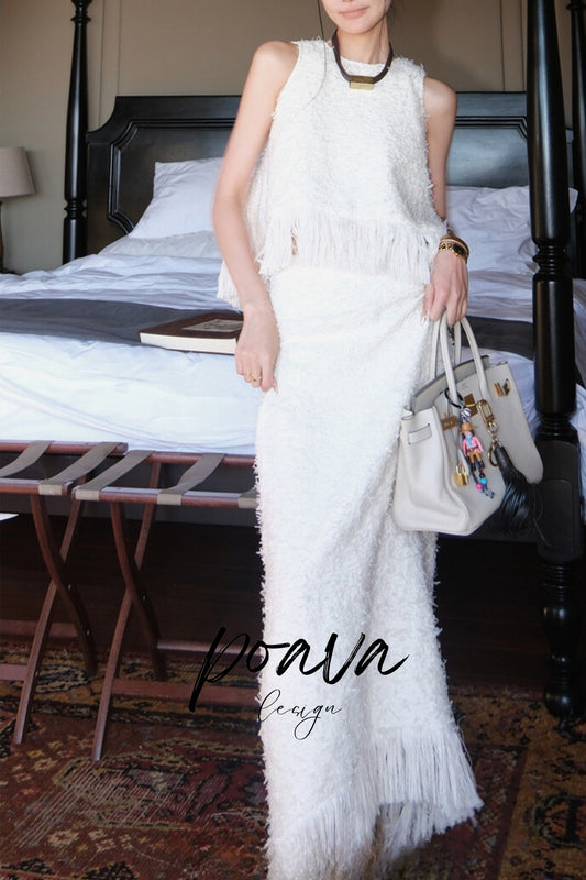 Fringe midi dress set in white