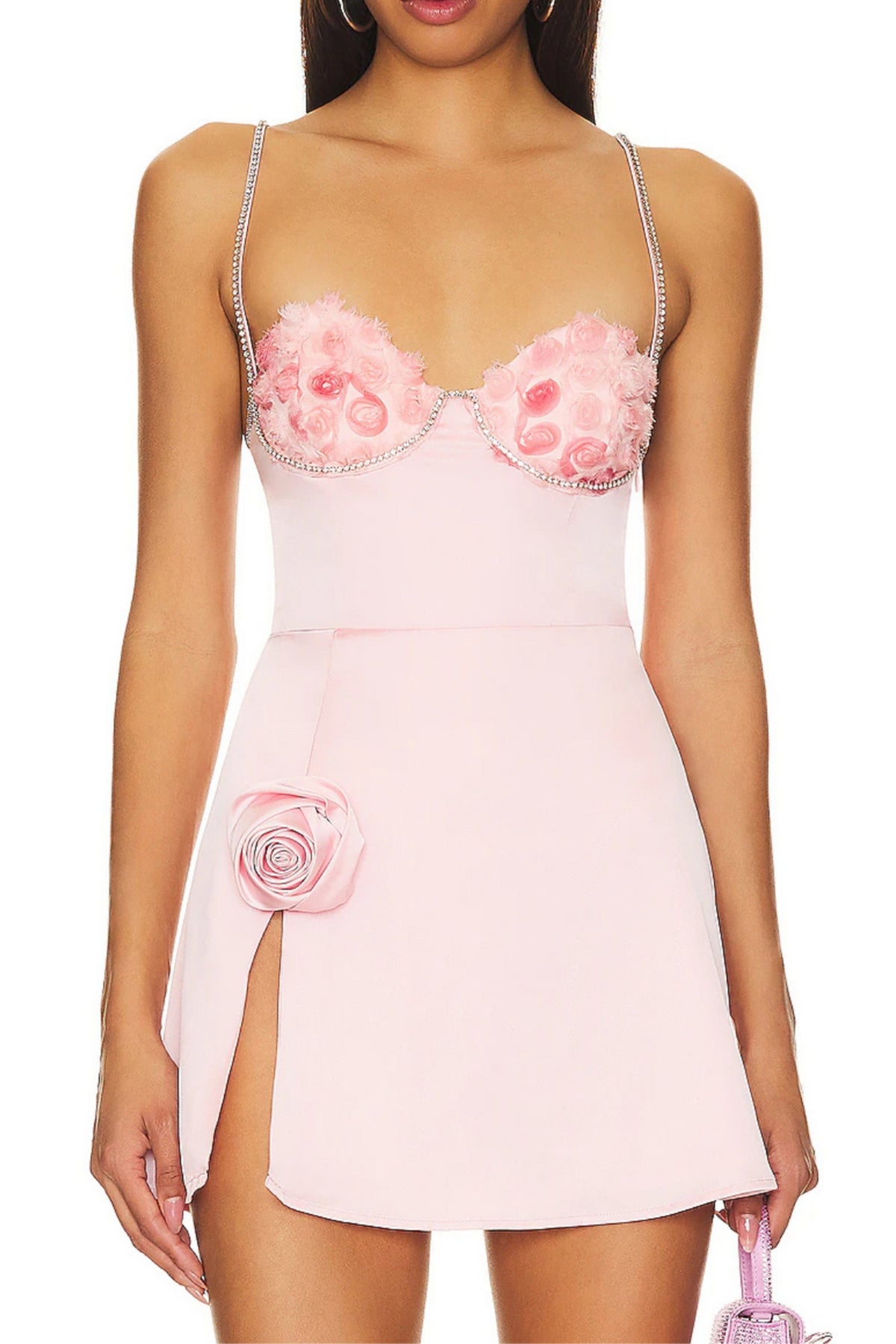 Crystal embellished trims mini dress in pink