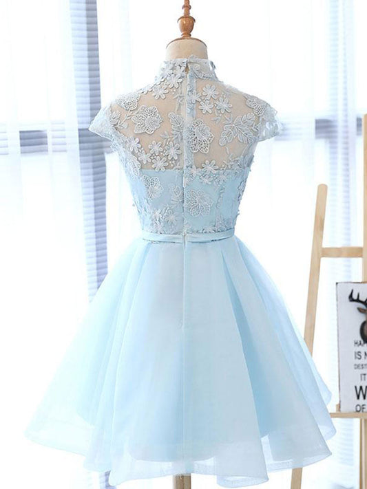 Blue high neck tulle lace Mini dress
