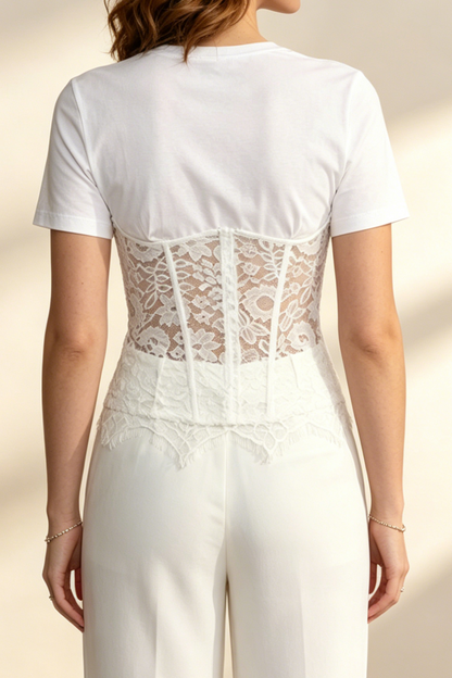 White Spliced Floral Lace Corset Short Sleeve T-shirt