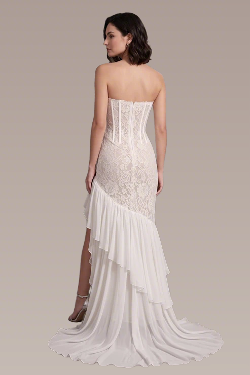 Ivory Floral Lace Mermaid Gown with Asymmetrical Ruffled Skirt