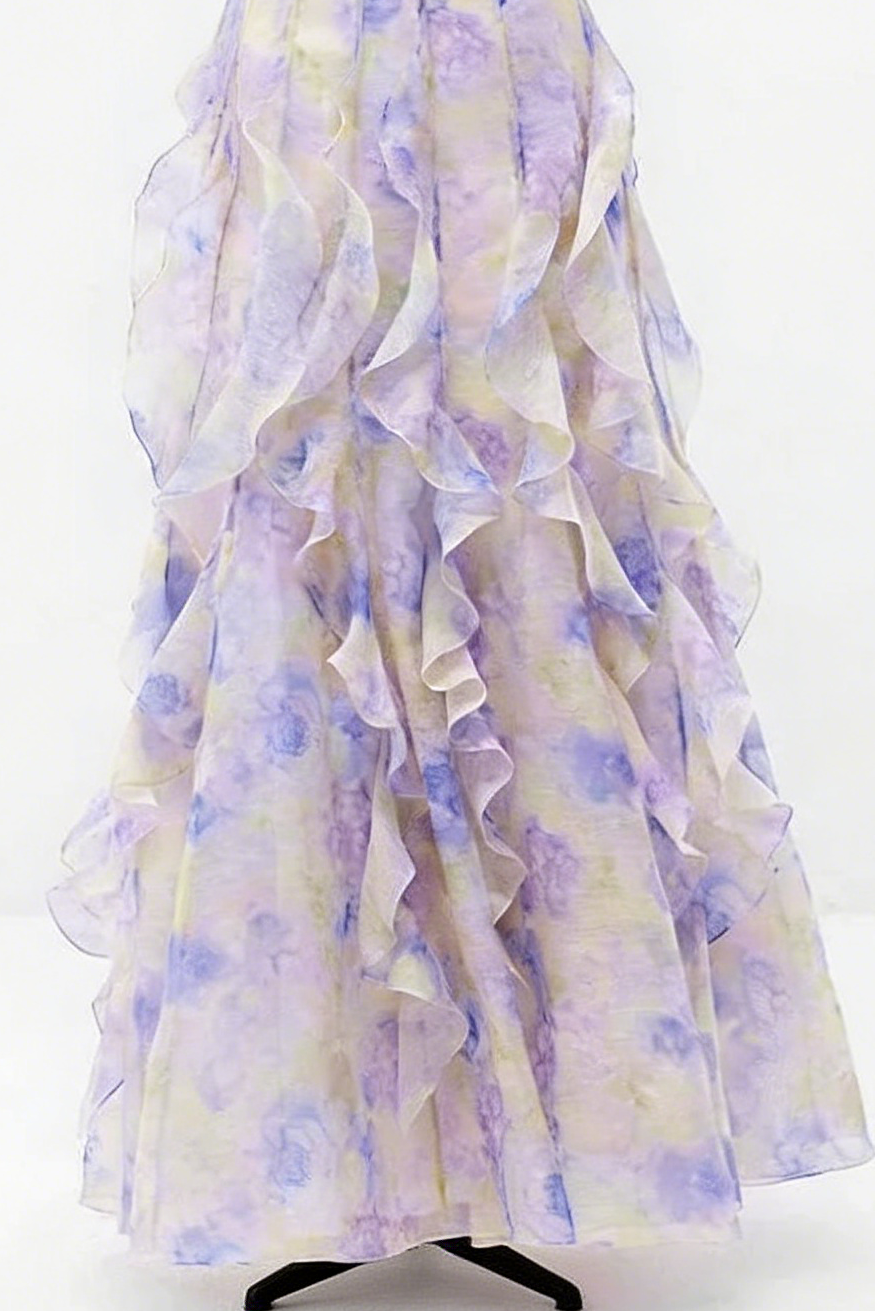helen Floral Frill Off-Shoulder Maxi Dress in blue