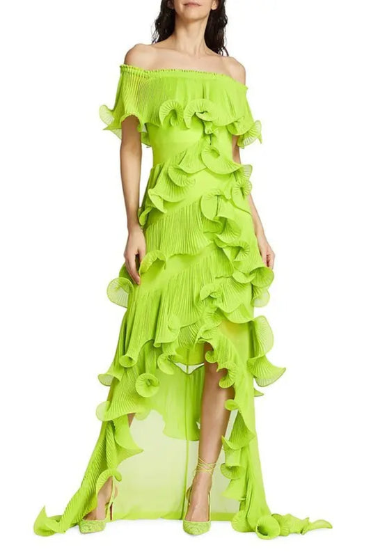 DORA GREEN OFF-SHOULDER PLEATED ORGANZA MAXI DRESS