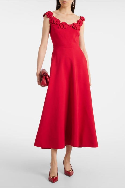 ULA EMBELLISHED FLORAL ROUND NECK MIDI DRESS IN RED