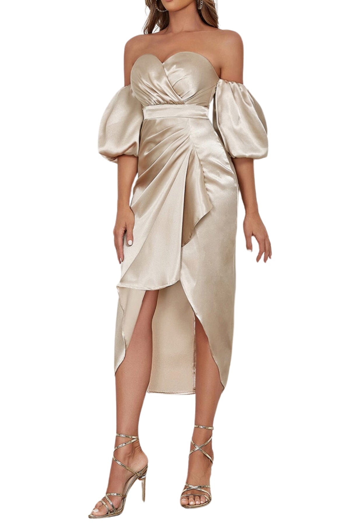 OFF SHOULDER RUCHED ASYMMETRICAL MIDI DRESS IN GRAY