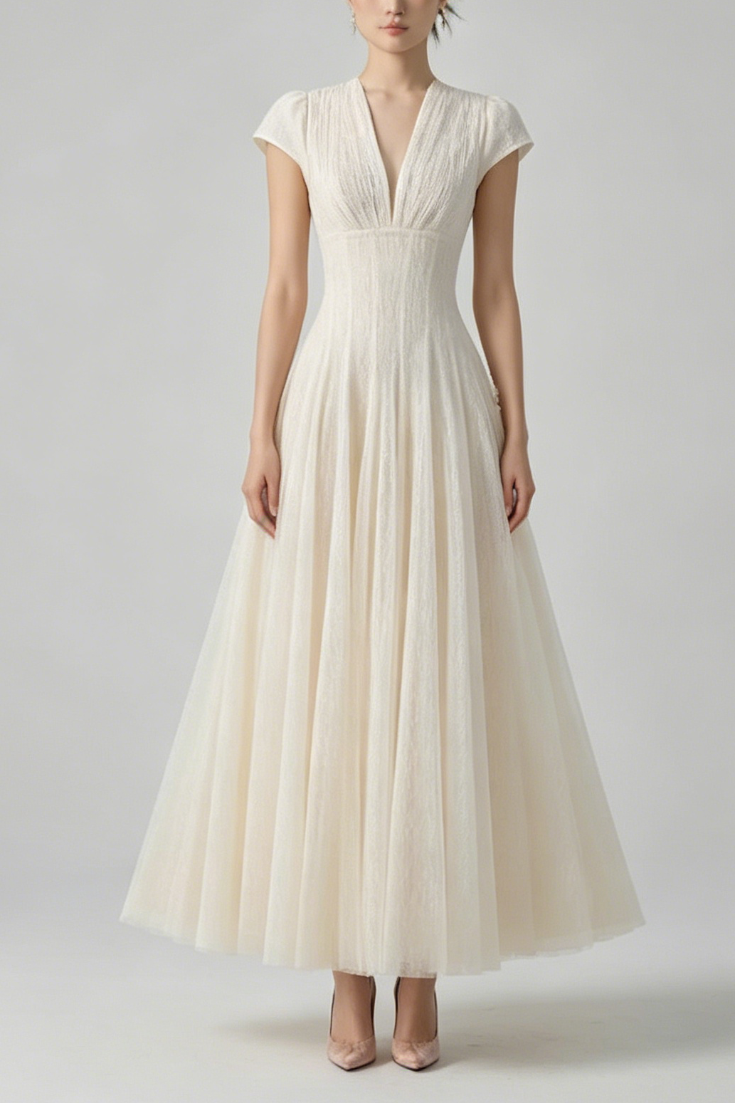Glitter Tulle Cap Sleeve V-Neck Empire Waist Flowy Maxi Dress
