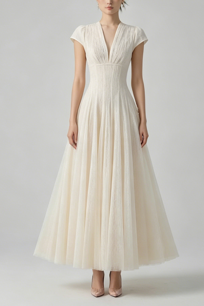 Glitter Tulle Cap Sleeve V-Neck Empire Waist Flowy Maxi Dress