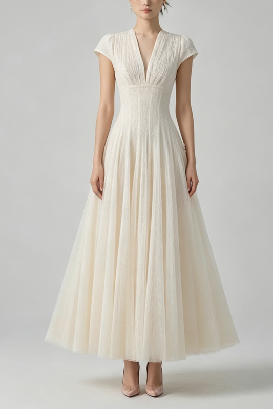Glitter Tulle Cap Sleeve V-Neck Empire Waist Flowy Maxi Dress