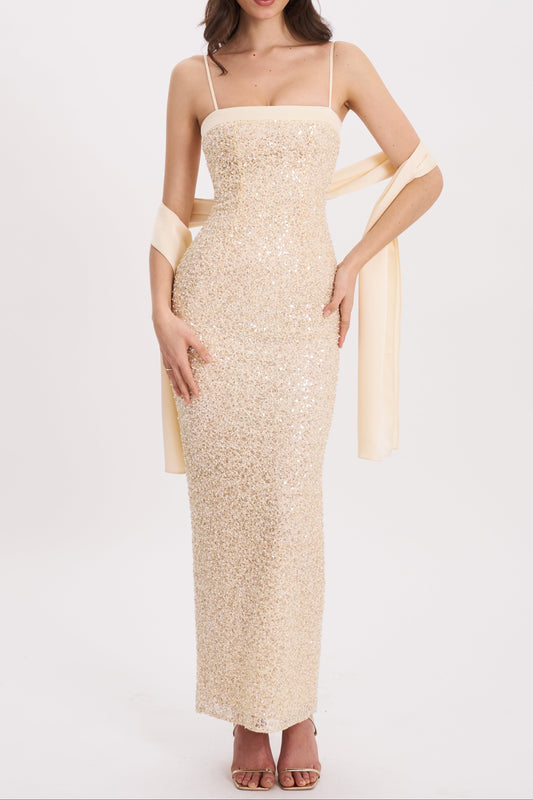 Raizel Gold Beaded Sequin Bodycon Gown with Scarf