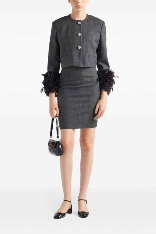 feather-trim single-breasted wool jacket