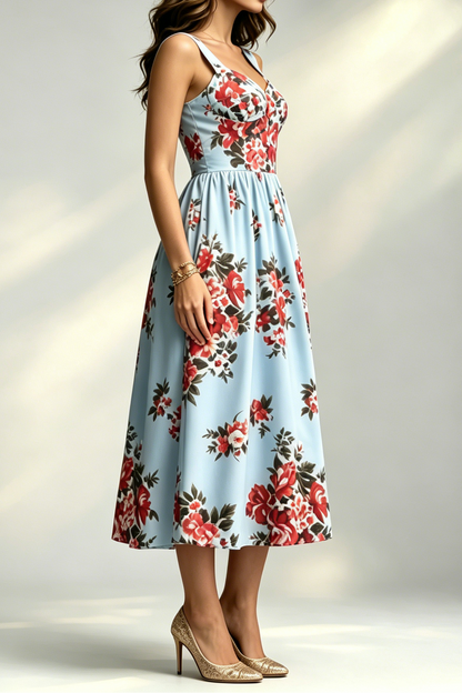 Light Blue Large Red Floral Wide Strap Sweetheart Flowy Midi Dress