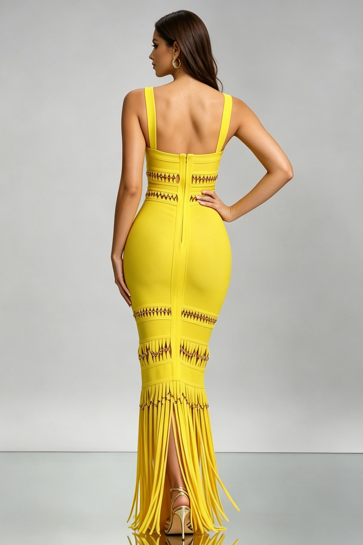 Bright Yellow Square Strap Cutout Fringe Bandage Maxi Mermaid Dress