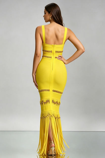Bright Yellow Square Strap Cutout Fringe Bandage Maxi Mermaid Dress
