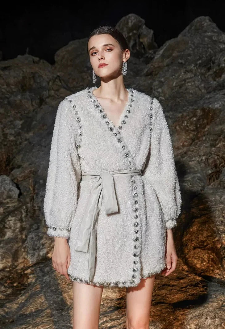 Beige V-Neck Long Sleeve Diamond Stud Coat