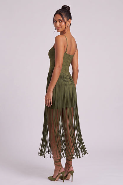 Olive Green Heavy Stretch Knit Fitted Bodice with Straight Fringe Skirt Dress olive green heavy stretch knit dress - product view 2