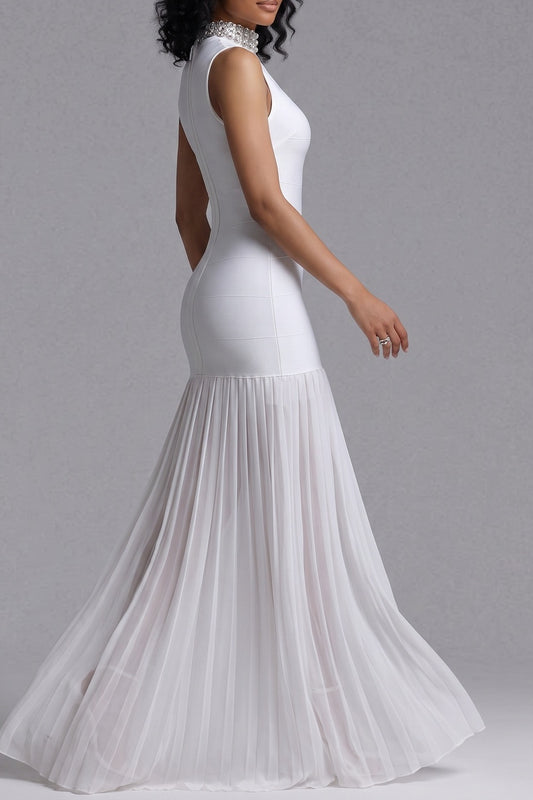 Rhinestone High Neck Sleeveless Bandage Chiffon Maxi Dress