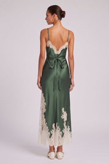 Forest Green Satin Slip Dress with Lace Paneling forest green satin dress - product view 5
