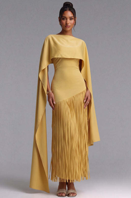Yellow Fringe Maxi Dress with Cape Detail Premium Fabric - product view 1