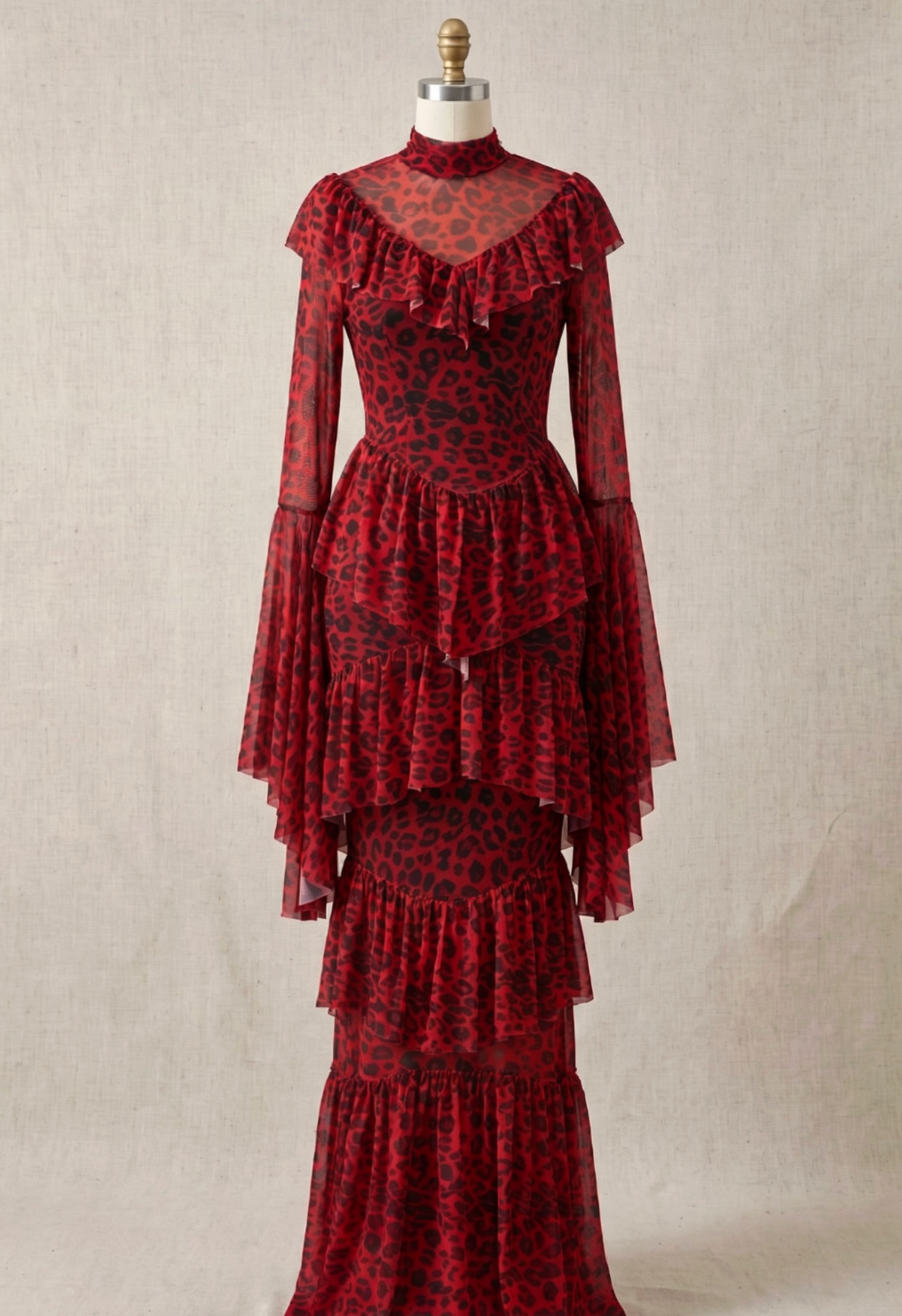 Red Sheer Mesh Tiered Maxi Dress