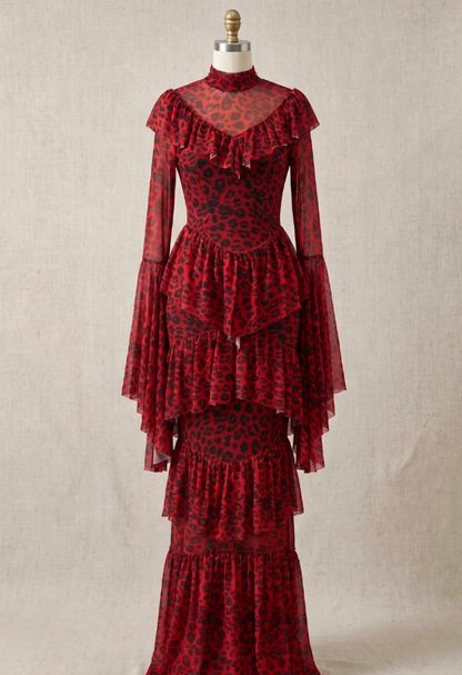 Red Sheer Mesh Tiered Maxi Dress