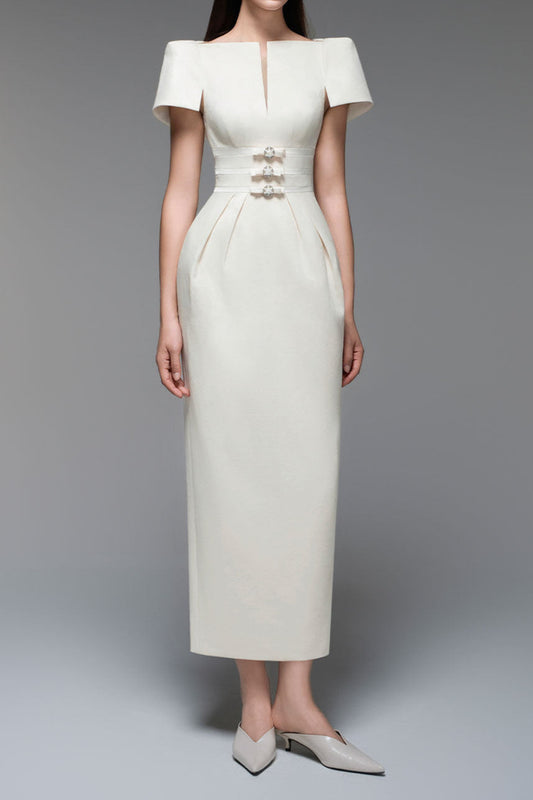 Beatrice Sheath Boat Neck Brocade maxi Dress